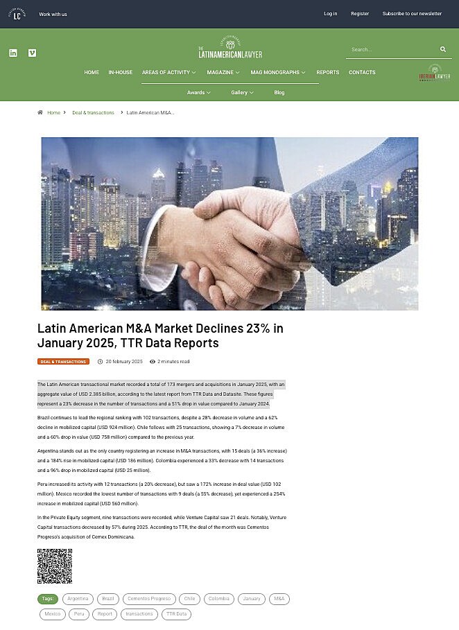 Latin American M&A Market Declines 23% in January 2025, TTR Data Reports